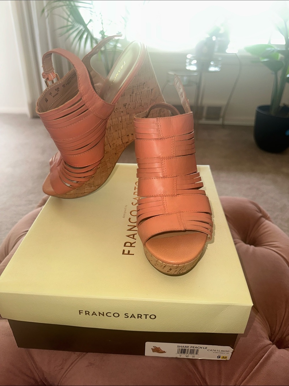 Franco Sarto Peach Leather Strappy Cork Wedges
